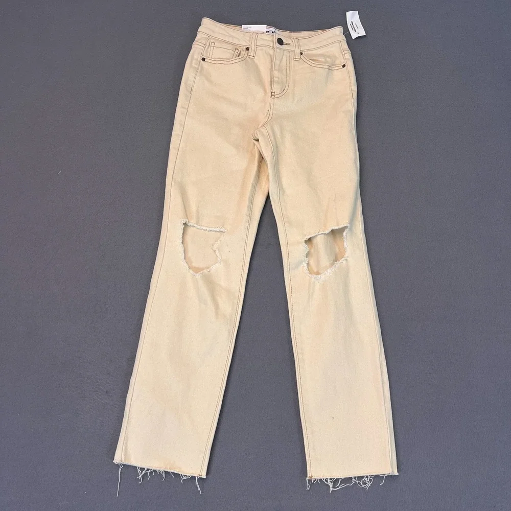 RSQ Jeans Womens 24‎ High Rise Straight Leg Denim Distressed Frayed Hem Ecru NWT